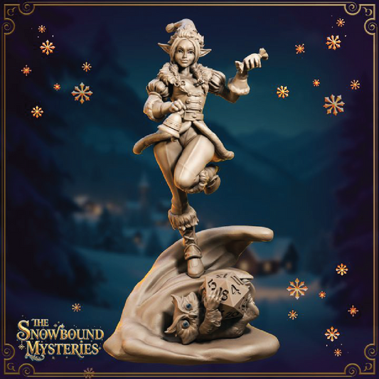 A render of a 3D model of a holiday elf holding candy and standing on a snow bank. A baby owl holding a gaming dice rolls in the snow below her.