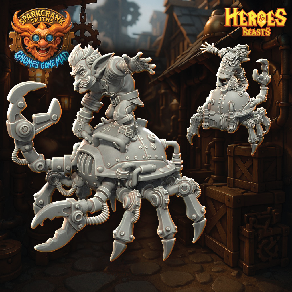 Steampunk-themed gnomes on a mechanical horse with 'Heroes & Beasts' branding.