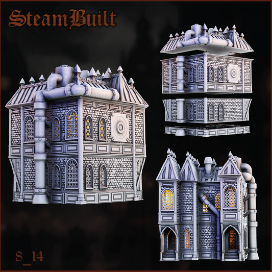 Three detailed model buildings with steam pipe elements on a dark background, labeled 'Steam Built'.