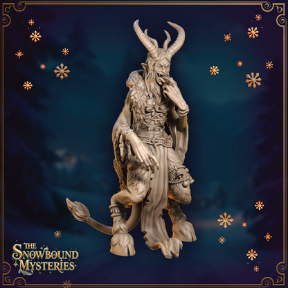 A render of a 3D model of a female Krampus miniature. The figure wears a tattered cloak over its fur, has curved horns, cloven hooves, and various bells and chains attached to its garments.