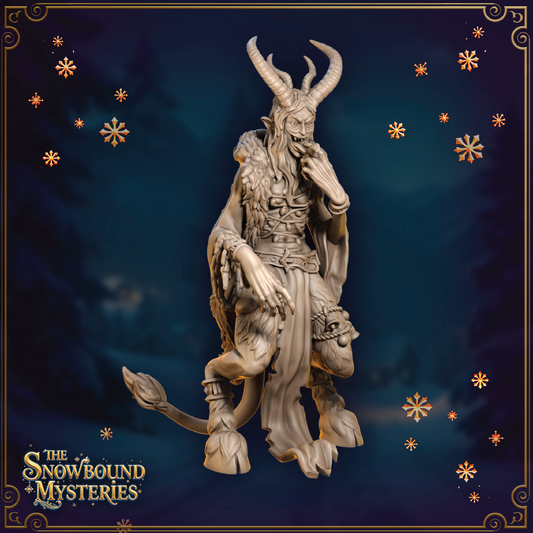 A render of a 3D model of a female Krampus miniature. The figure wears a tattered cloak over its fur, has curved horns, cloven hooves, and various bells and chains attached to its garments.