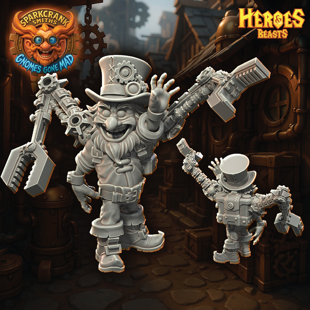 A render of a gnome tinkerer wearing a set of mechanical arms on his back
