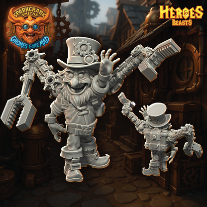 A render of a gnome tinkerer wearing a set of mechanical arms on his back