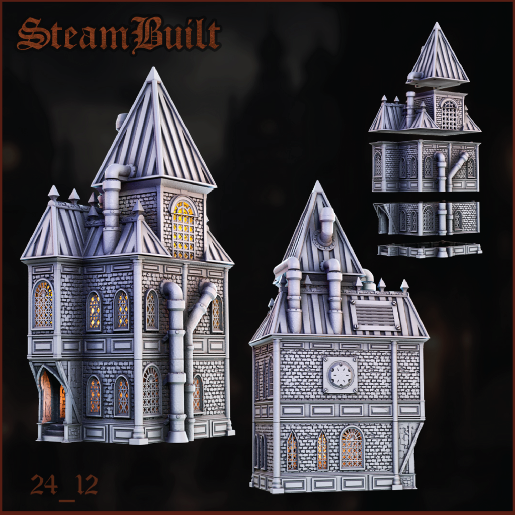 Three detailed miniature buildings with Steampunk architecture on a dark background.