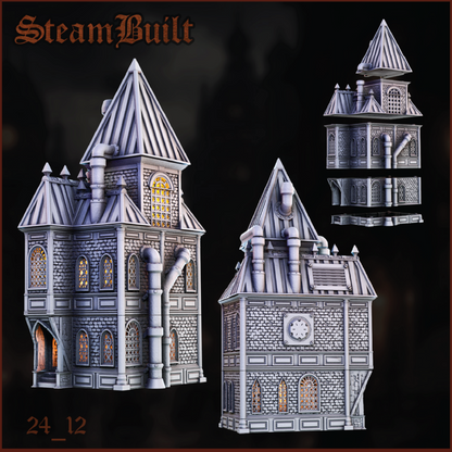 Three detailed miniature buildings with Steampunk architecture on a dark background.