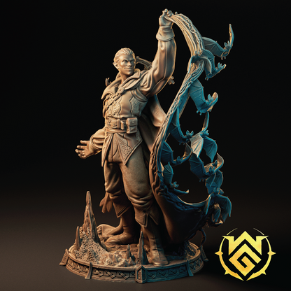 Statue of a warrior with a dragon on a dark background