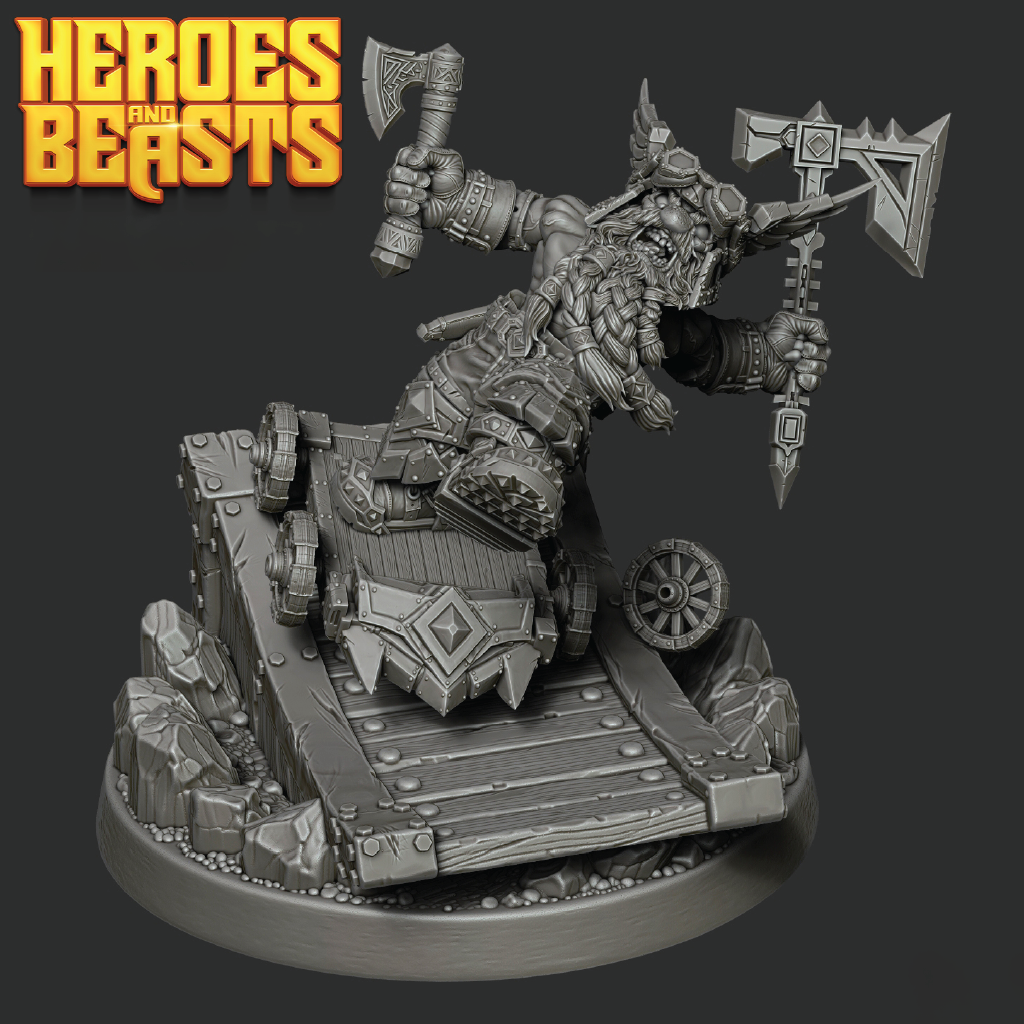 Gray-scale fantasy figurine with axes on a dark background, featuring 'Heroes and Beasts' logo.