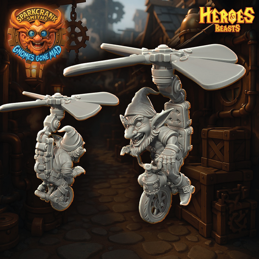 Two goblin figurines with propellers on a dark background, featuring 'Sparkcrank Smiths' and 'Heroes & Beasts' logos.