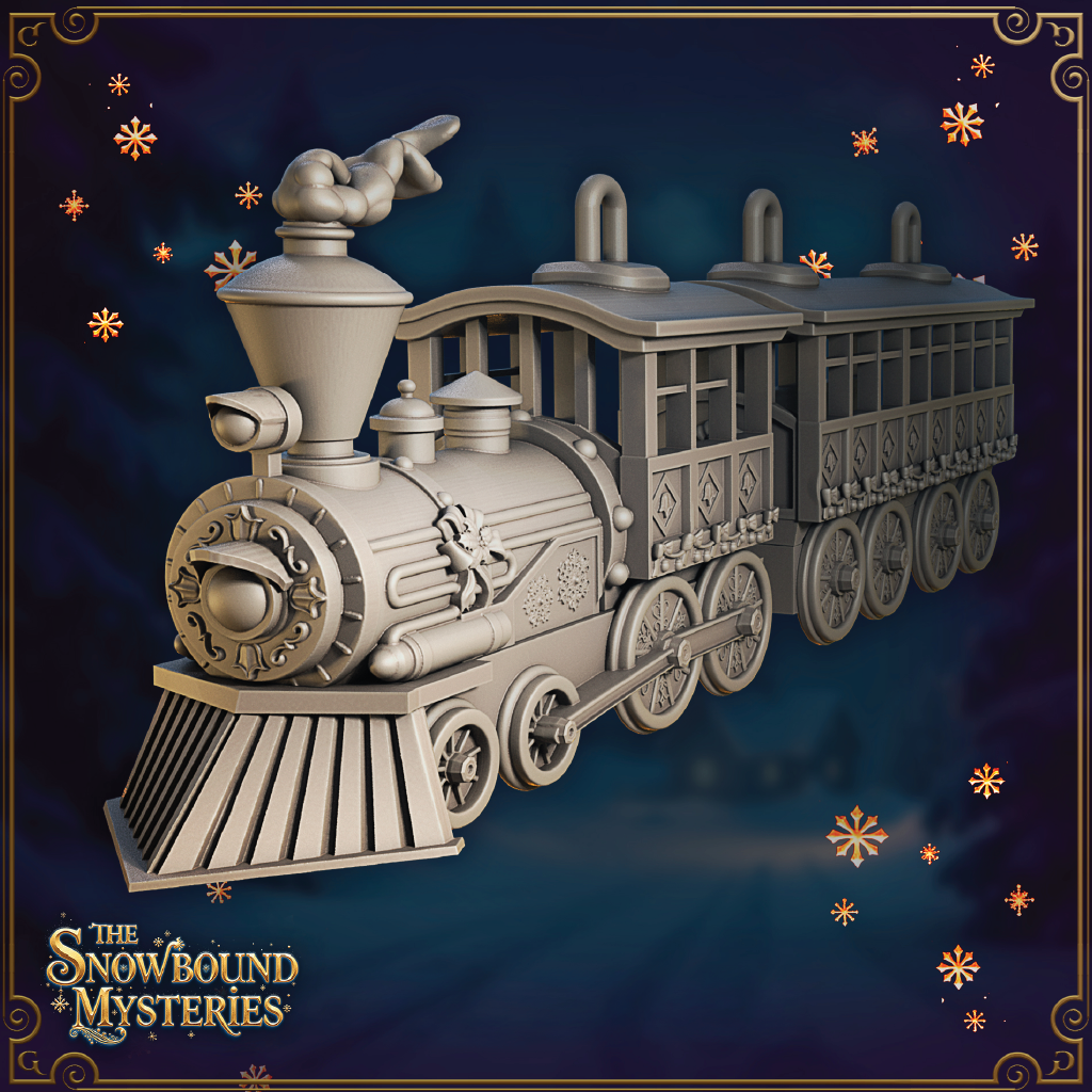 A render of a 3D model of a Christmas holiday train. The locomotive has smoke coming out of the smokestack and has snowflakes embossed on its side. A passenger car is pulled behind the locomotive with ribbons decorating the outside.