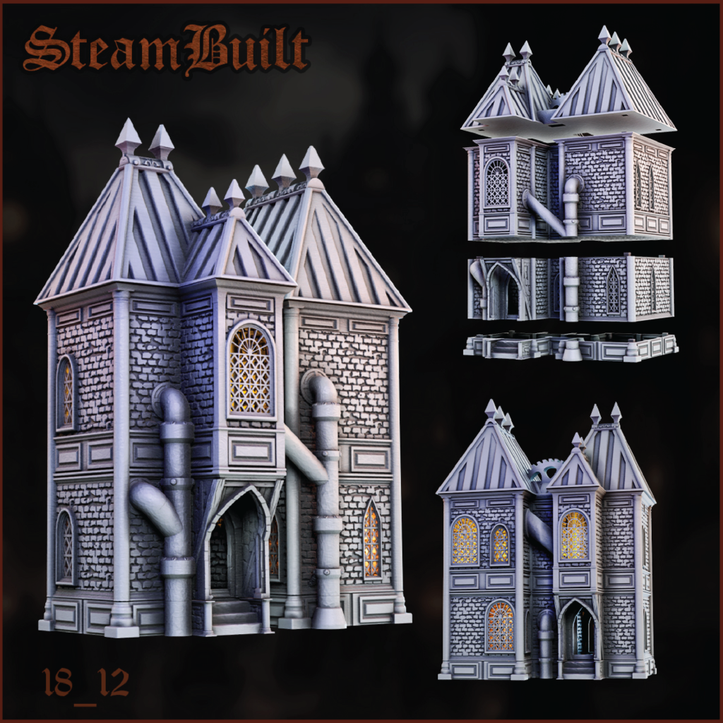 Steampunk-style architectural model with intricate details on a dark background