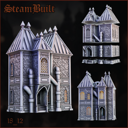 Steampunk-style architectural model with intricate details on a dark background