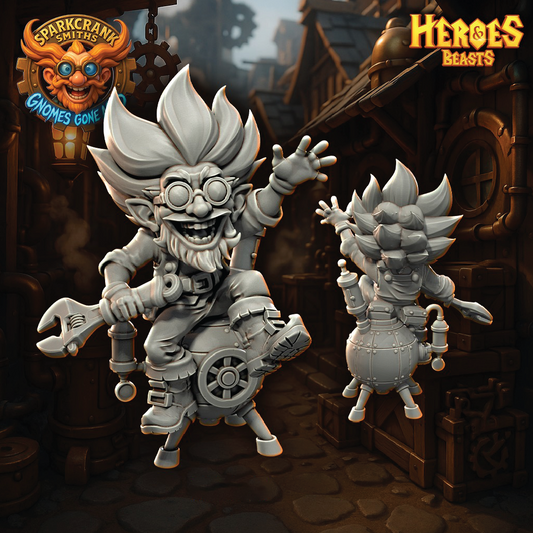 Two animated gnomes with a workshop background, featuring 'Heroes & Beasts' branding.