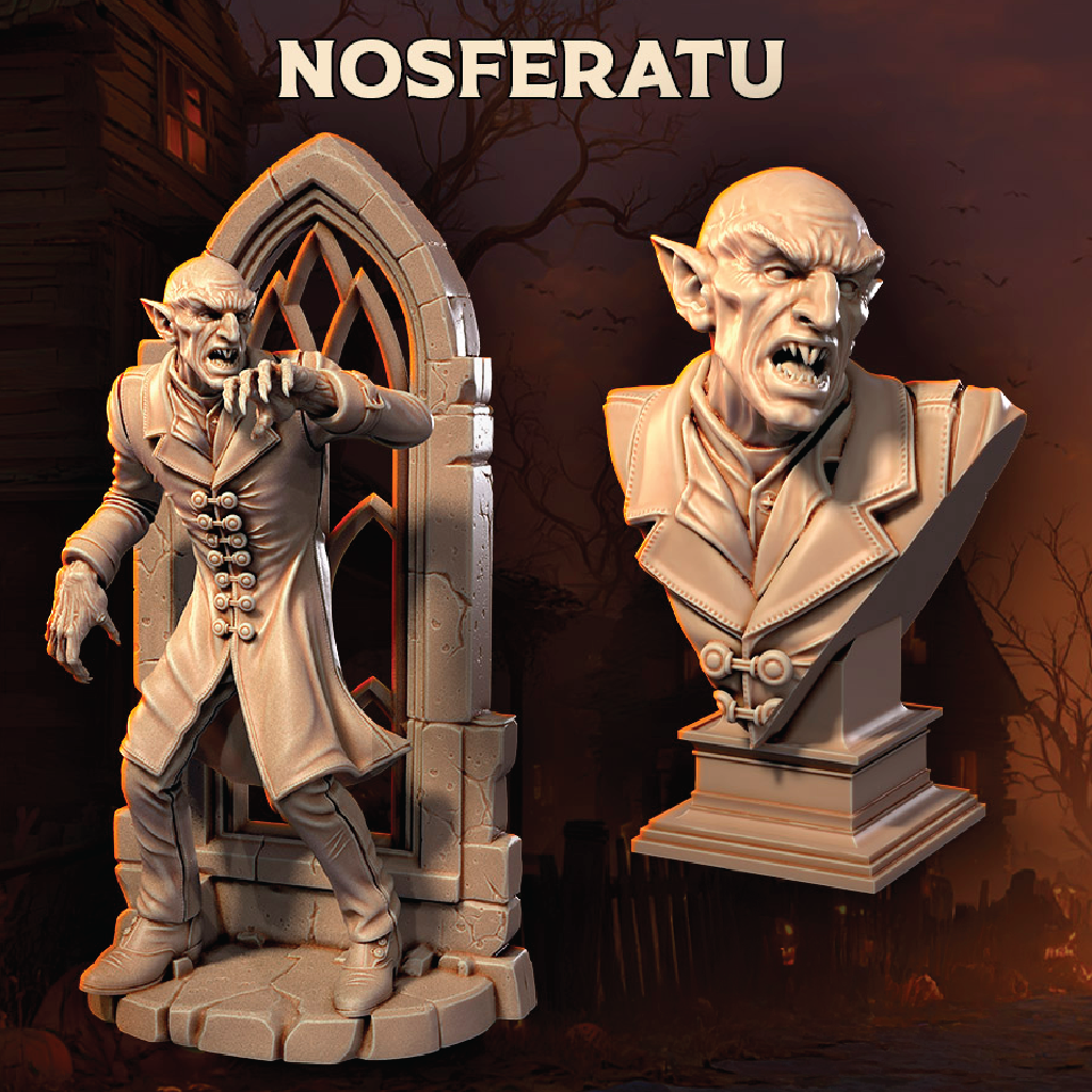 Nosferatu figurine and bust with gothic architecture in the background