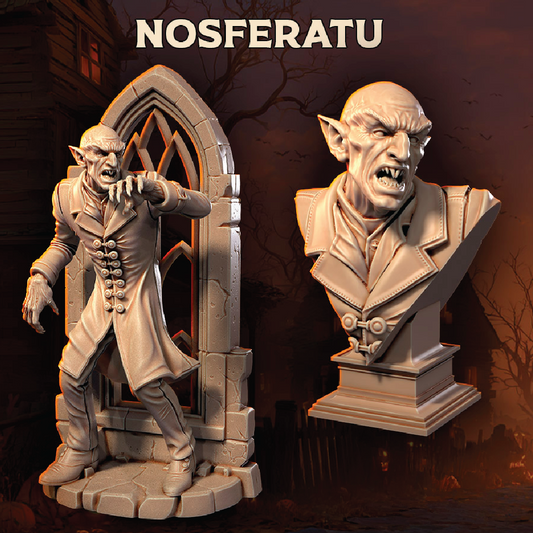 Nosferatu figurine and bust with gothic architecture in the background