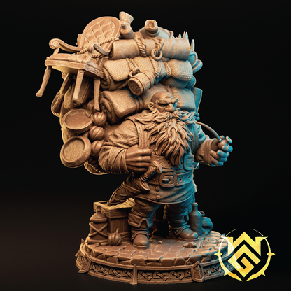 A 3D model of a dwarf explorer with a massive pack of supplies on his back, holding a pipe