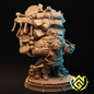 A 3D model of a dwarf explorer with a massive pack of supplies on his back, holding a pipe