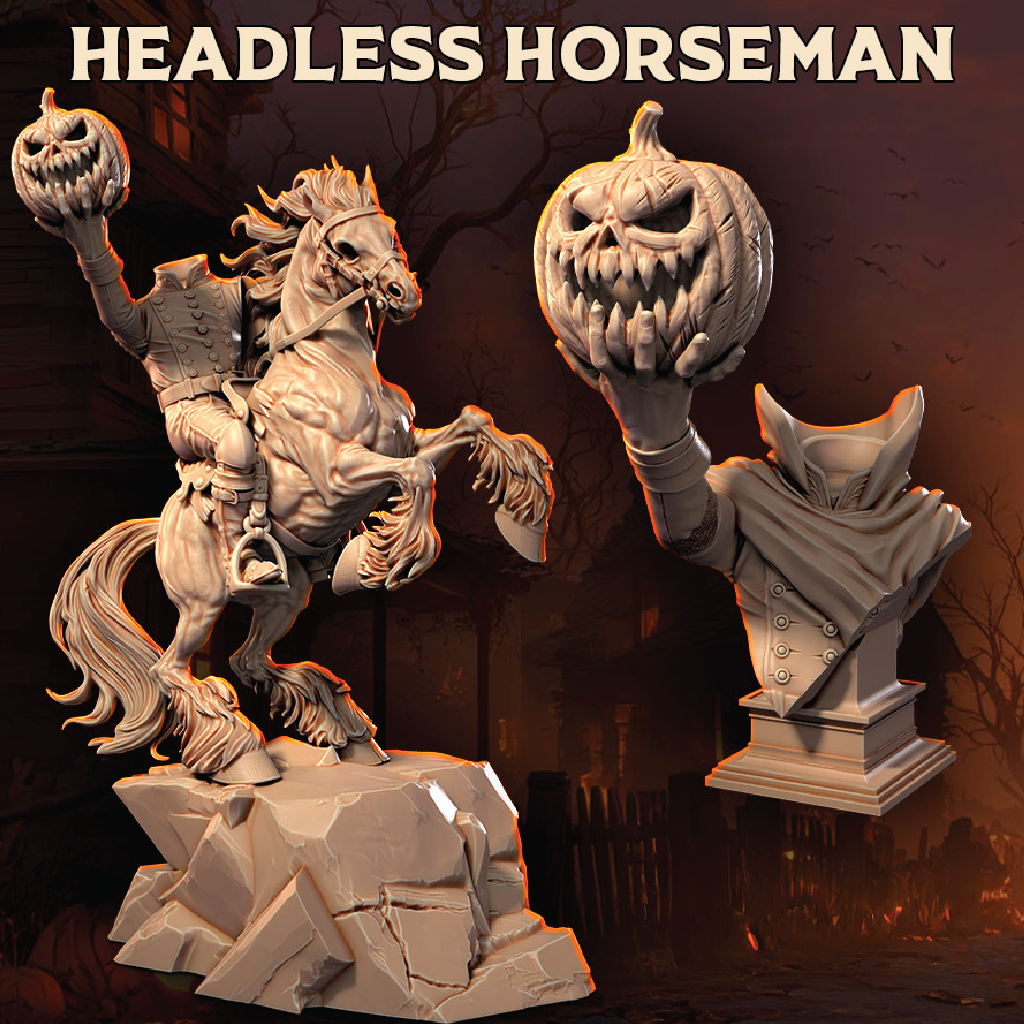 Renders of the Headless Horseman in miniature and bust formats