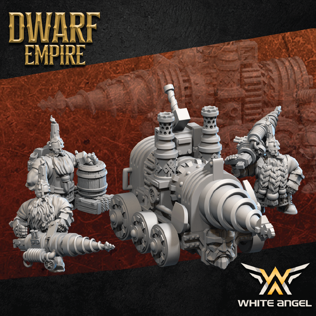 Mechanical dwarf figures with a large machine or vehicle on a dark background, featuring the 'Dwarf Empire' branding.