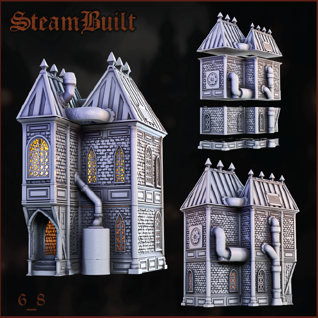 3D render of a steampunk style Victorian building meant for tabletop gaming terrain