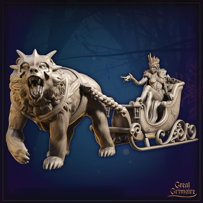 A render of an Ice Queen seated in a sleigh being pulled by an armored polar bear.