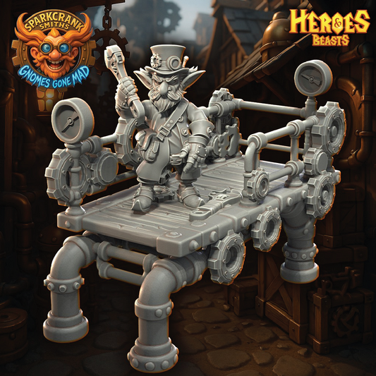 Steampunk-themed gnome figure on a platform with pipes and gears, surrounded by 'Heroes & Beasts' branding.