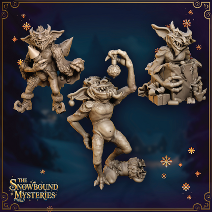 A render of 3D models of three Christmas imps playing with presents, ornaments, and fireworks.