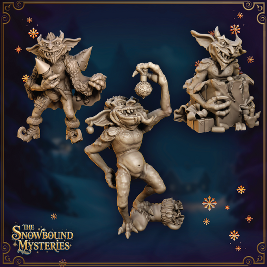 A render of 3D models of three Christmas imps playing with presents, ornaments, and fireworks.