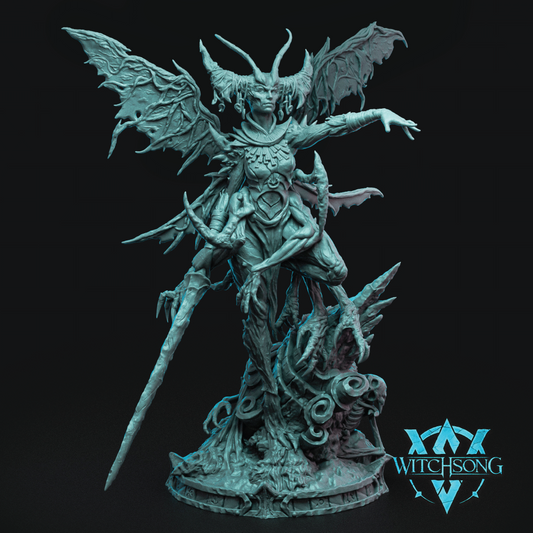 A abomination queen with multiple limbs and wings holding a spear.