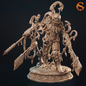  detailed figurine with armor and weapons on a dark background