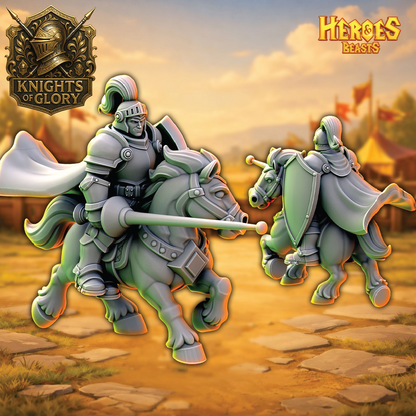 Two armored knights on horseback with 'Knights of Glory' logo in the corner.