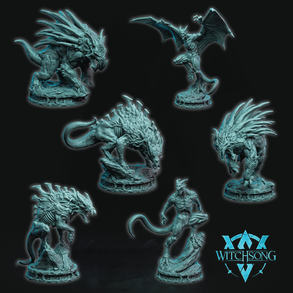 Collection of fantasy figurines with 'Witchesong' logo on a dark background