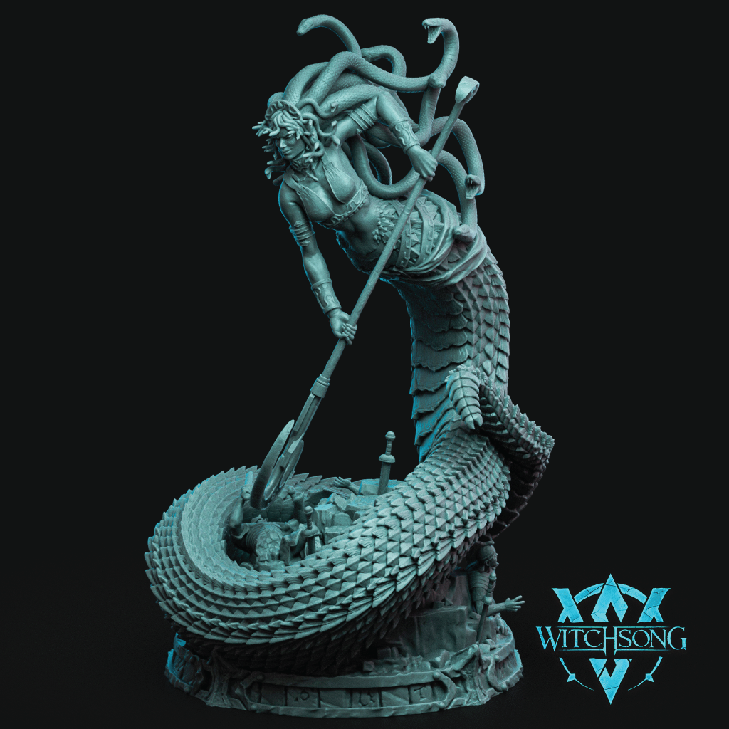 Render of Medusa holding a long pole weapon