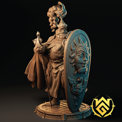 Statue of a warrior holding a shield with a face design on a dark background