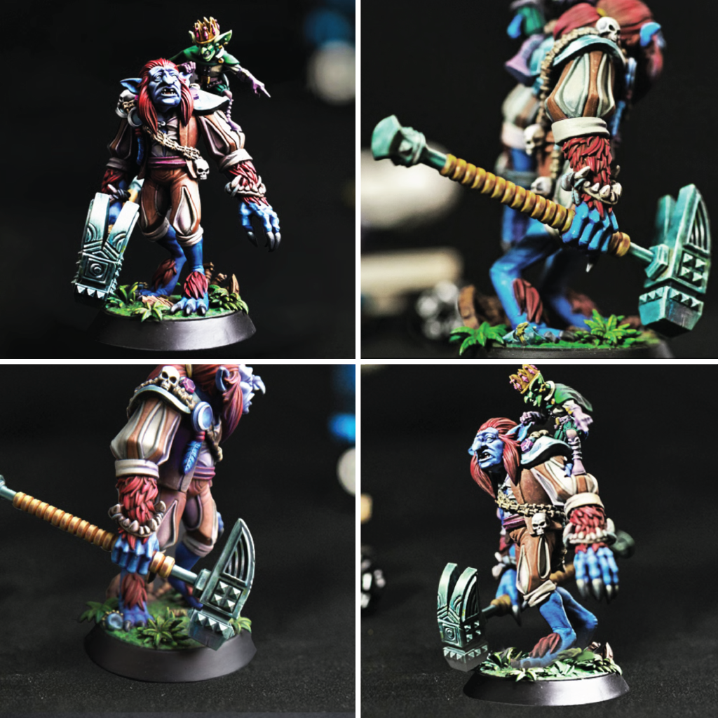 Four views of a detailed fantasy figurine with a dark background