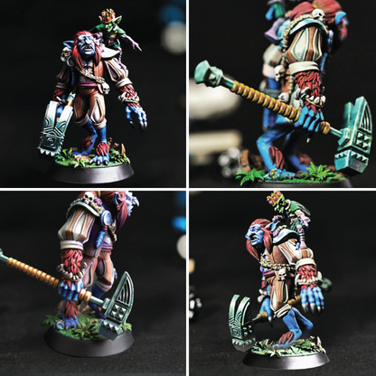 Four views of a detailed fantasy figurine with a dark background