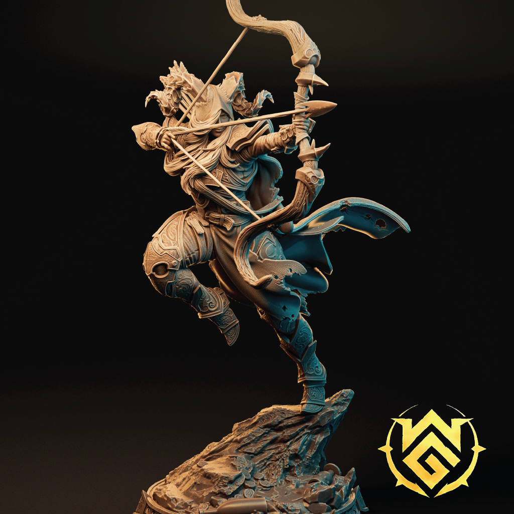 A 3D render of a tiefling ranger jumping off of a rock firing a bow and arrow