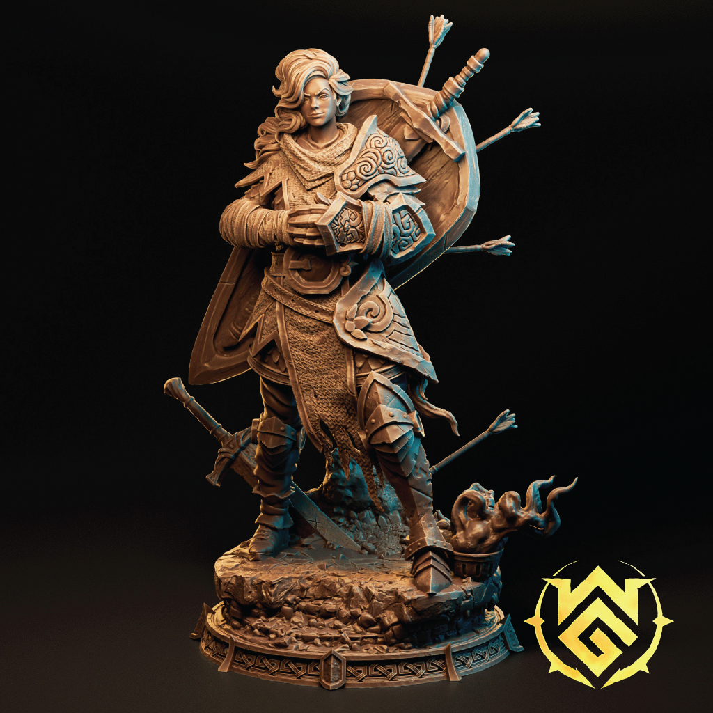 Detailed figurine of a warrior with armor and weapons on a dark background