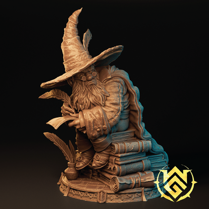 Statue of a wizard with a pointed hat and books on a dark background