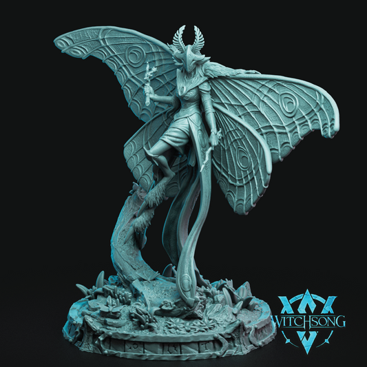 Fantasy figurine with butterfly wings on a dark background, featuring the 'Witchsong' logo.