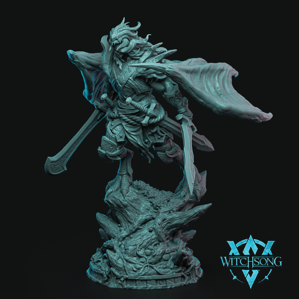 Fantasy figurine with a sword on a black background, featuring the 'Witchsong' logo.