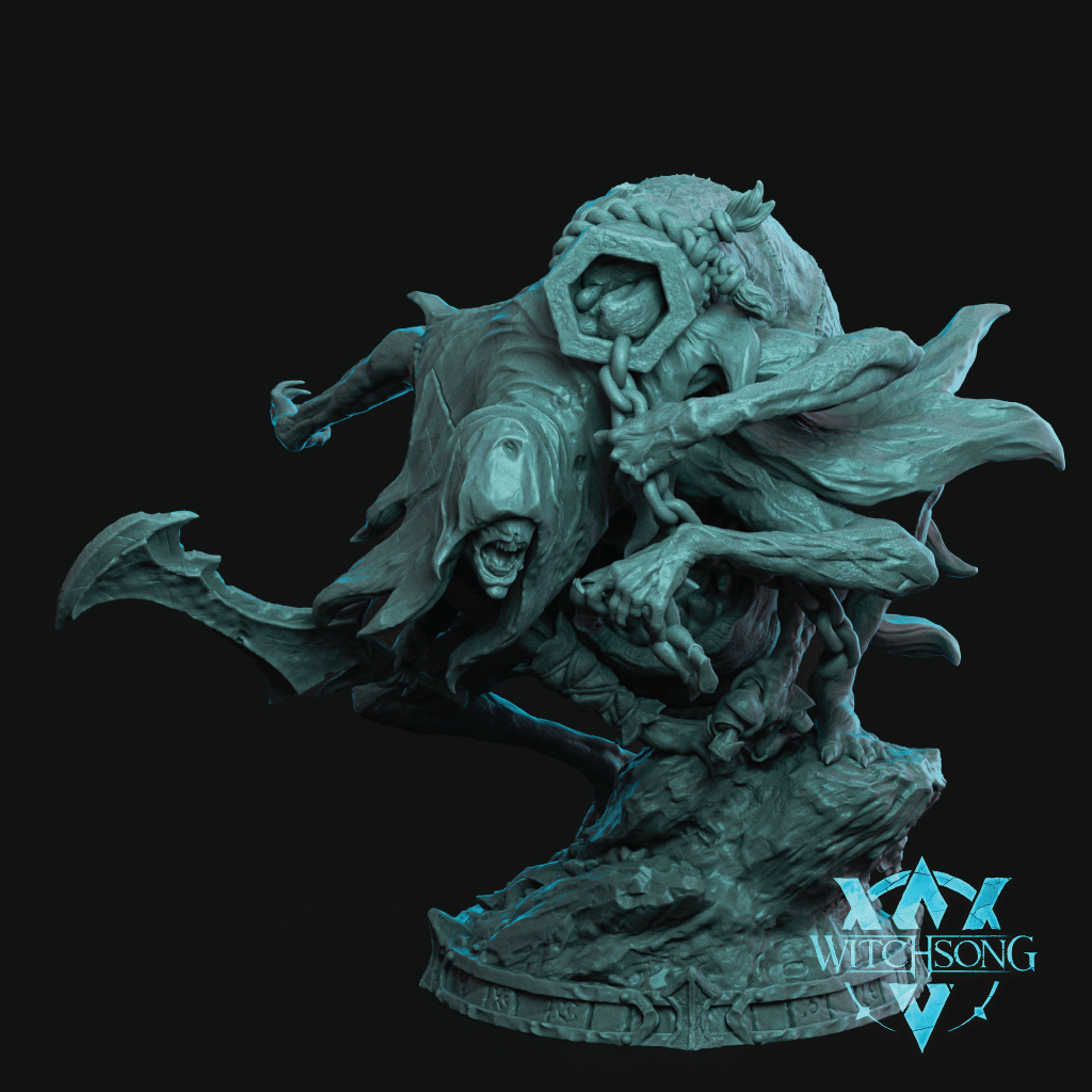 An eight-limbed Corpse Harvester cloaked and wielding a blade.