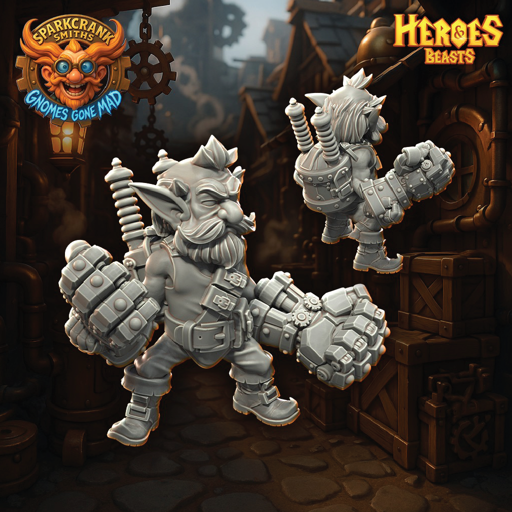 Steampunk-style goblin with mechanical parts in a dark, industrial setting.