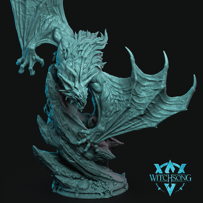 Dragon sculpture with 'Witchsong' logo on a black background
