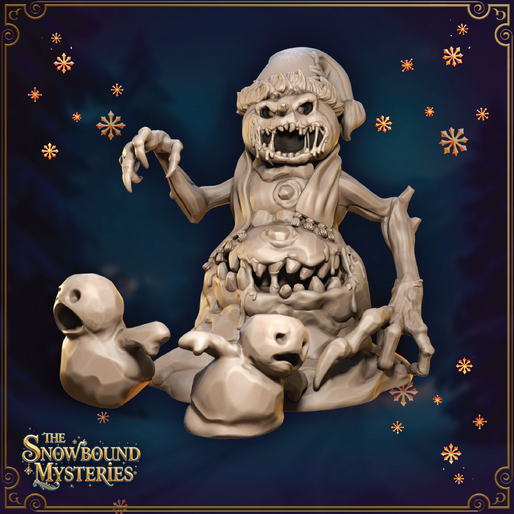 A cursed snowman miniature with small snowman minions.