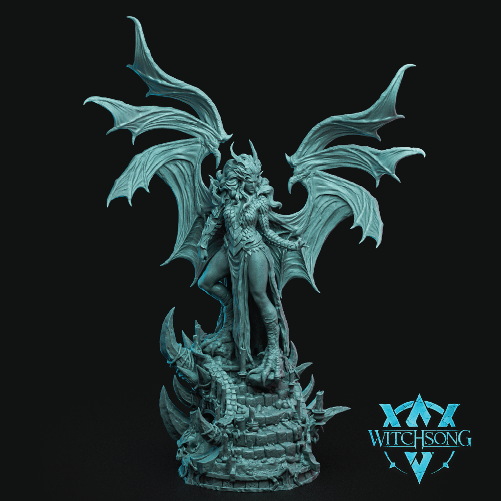 Fantasy figurine with wings on a dark background, featuring the 'Witchsong' logo.