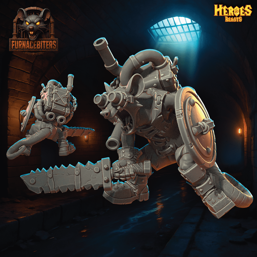 A steampunk ratkin wielding a ragged sword and shield