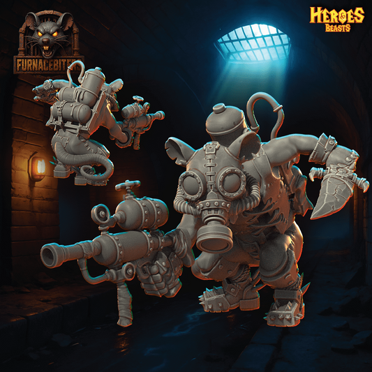 Stylized creature with gas mask and weapons in a dark, industrial setting with 'Furnace Bite' logo.