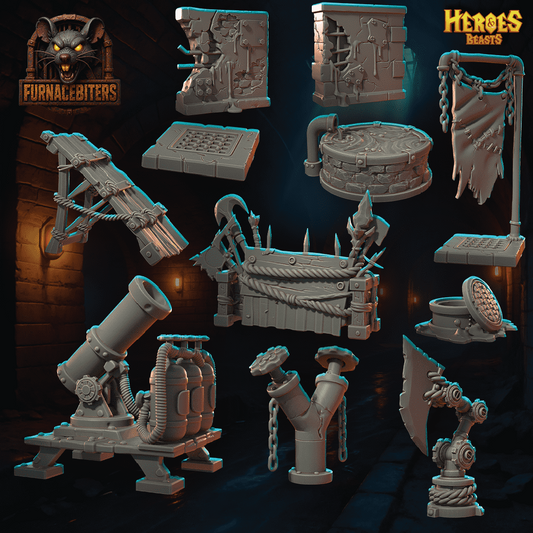 Collection of detailed miniature models on a dark background with 'Heroes & Beasts' branding.