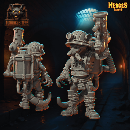 Two characters in futuristic, mechanical suits with 'Furnace Bitters' and 'Heroes Beasts' branding.