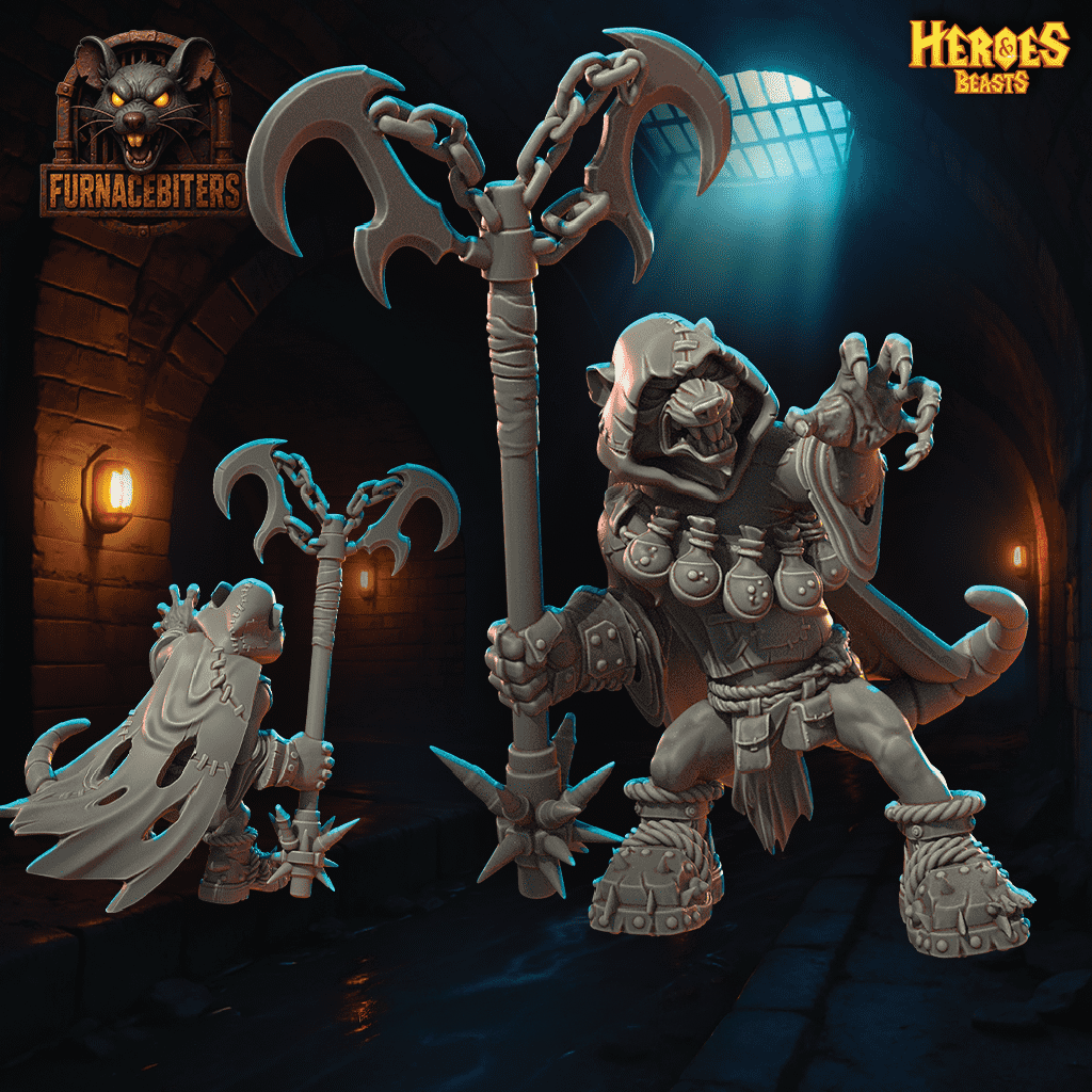 Two fantasy figurines with large weapons in a dark, dungeon-like setting with 'Heroes & Beasts' branding.